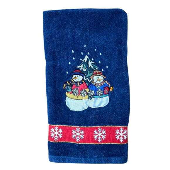 2 VTG Christmas Snowman Hand Towel Embroidered Snowflakes Tree Holiday Decor JCP - Picture 2 of 13